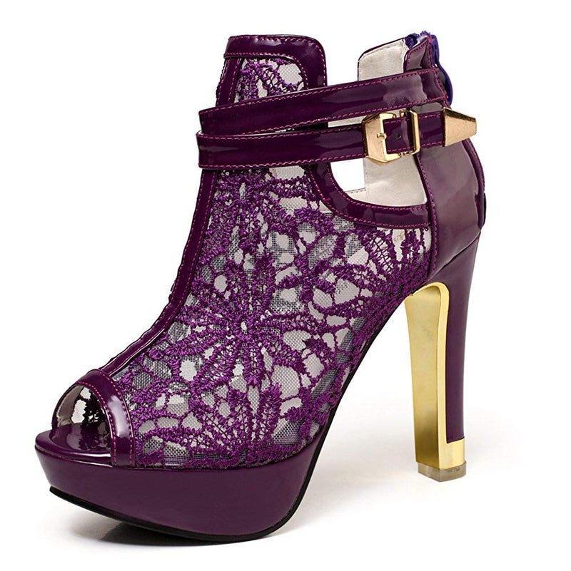 getmorebeauty Women's Pretty Lace Flowers Open Toes High Heels Ankle Boots (10, Purple) - Image 1